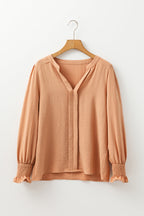 Straw Yellow Solid Shirred Cuff Notch V Neck Blouse