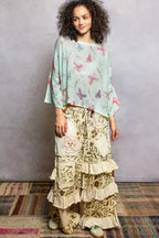 POL Butterflies Pattern Round Neck knit Top with Outseam Rolling Edge