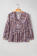 Blue Boho Flower Print 3/4 Sleeve Babydoll Blouse