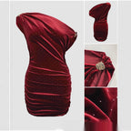 Velvet Rhinestone Embellished One Shoulder Dress