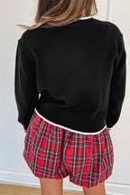 Fiery Red Contrast Trim Big Bow Accent Holiday Cropped Sweater