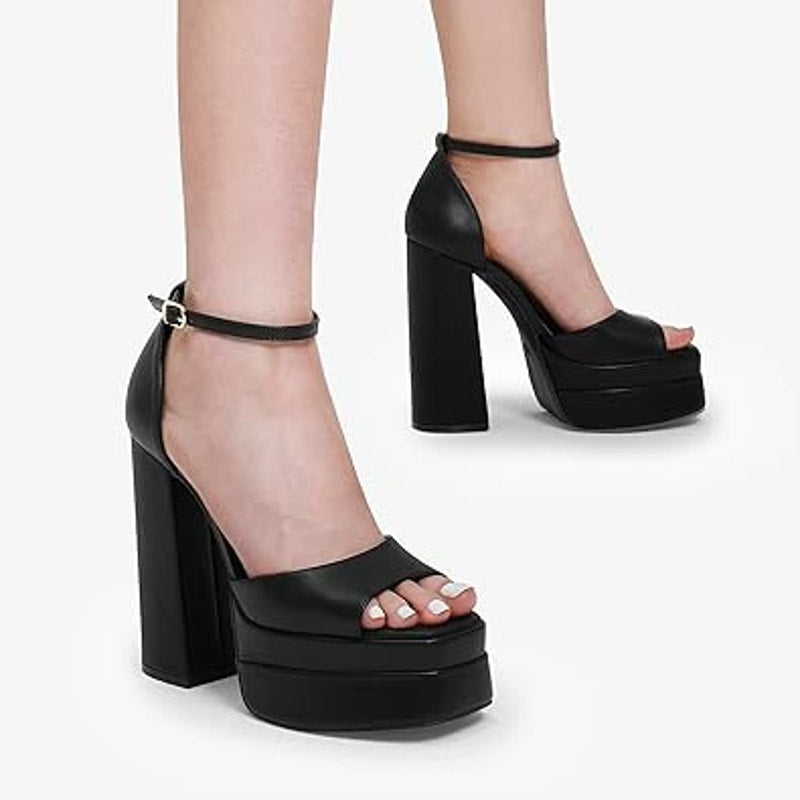 Dream Pairs Womens 11 Black 5" Block Platform Heel Peep Toe Ankle Strap Shoes