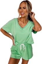 Mint Green V Neck Drop Shoulder Tee and Patchwork Shorts Set