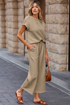 Parchment Solid Color Textured Short Sleeve Top and Casual Pants Set