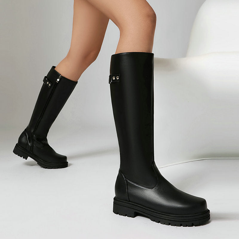 Women’s Retro British-Style Riding Boots – Leather Belt Buckle Knee Boots