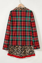 Racing Red Retro Plaid Leopard Print Patchwork Long Sleeve Shorts Pajama Set