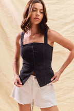 SO ME Button Down Sleeveless Game Day Fitted Denim Top