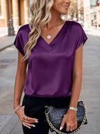 Satin V-Neck Short Sleeve Blouse