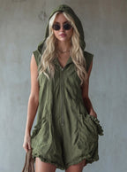 Women's Retro Hooded Zip-Up Sleeveless Cropped Jumpsuit