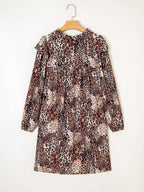 Leopard Ruffled Detail Long Sleeve Loose Mini Dress
