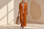 Contrast-Color Long-Sleeve Shirt & Pants Set – Two-Piece
