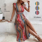 Women's Boho Geometric Print Puff Sleeve A-Line Maxi Dress – 3 Colors S–XL