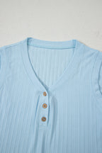 Beau Blue Ribbed Button V Neck Tank Top and Shorts Set