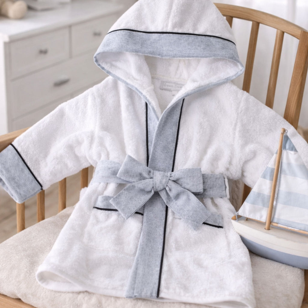 ENY | Boys Personalised White & Blue Striped Bathrobe
