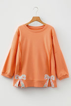 Fiery Red Floral Bow Patched Exposed Seam Patchwork Slit Baggy Sweatshirt