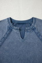 Red Dahlia Lace Patchwork Detail Notched Neck Mineral Wash Baggy Sweatshirt