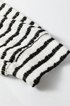 Black Stripe Textured Hooded V Neck Casual Long Sleeve Top