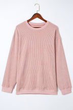 Pink Solid Ribbed Round Neck Pullover Sweatshirt