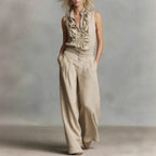 Women’s Linen Blend Two-Piece Set – Sleeveless Shirt & Wide-Leg Pants