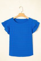Dark Blue Textured Ruffled Sleeve Round Neck Top