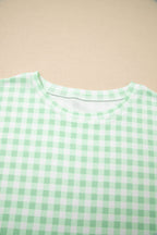 Green Gingham Long Sleeve Loose Top Drawstring Shorts 2pcs Lounge Set