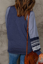 Tillandsia Purple Contrast Print Striped Raglan Long Sleeve Loose Top