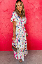 Sky Blue Abstract Print Short Puff Sleeve Tiered Maxi Dress