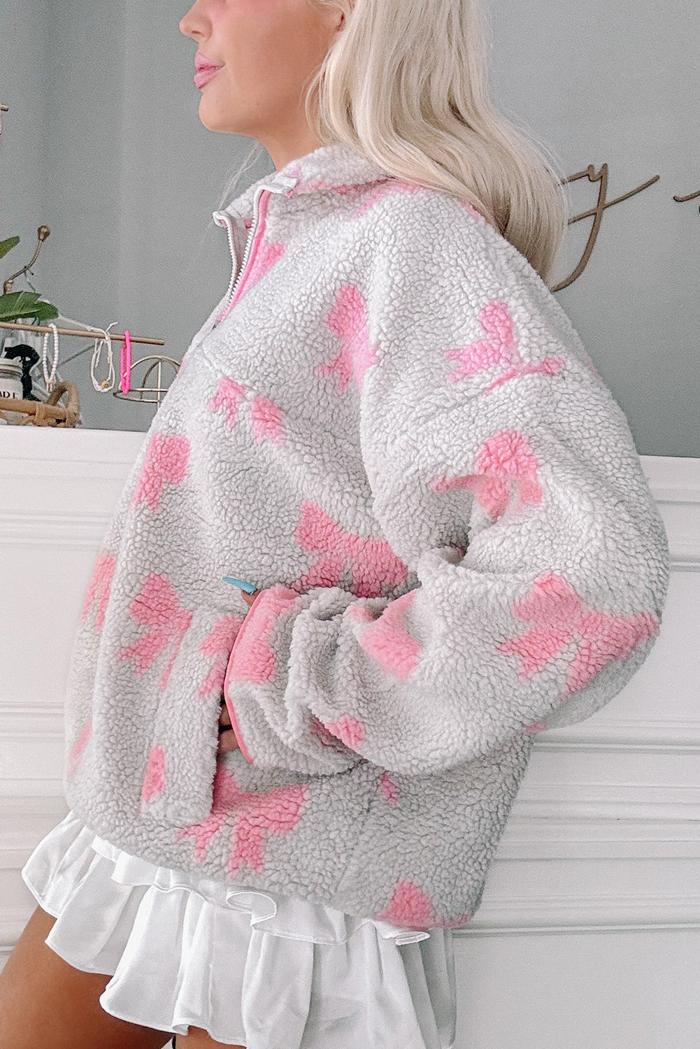 Gray Quarter Zip Bow Pattern Sherpa Baggy Sweatshirt