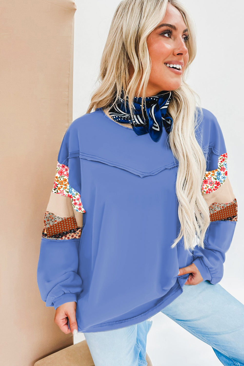 Khaki Exposed Seam Floral Mixed Patchwork Plus Size Top