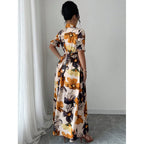 Women’s Printed Puff Sleeve Dress – Blouse Collar Cross-Tie Waist Style