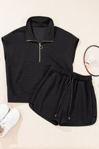 Parchment Textured Half Zip Kangaroo Pocket Top Drawstring Shorts Set