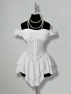 One-Shoulder Dress with a Fitted Waist And Back Tie, Features Puff Sleeves And a Stylish, Elegant Cake Skirt