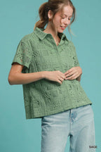 Umgee Patch Lace Short Sleeve Button Down Shirt