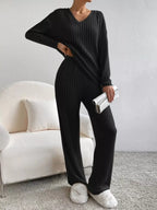 Ribbed Knit V-Neck Top and Pants Set