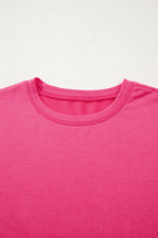 Strawberry Pink Floral Hemline Patchwork Round Neck Casual Top