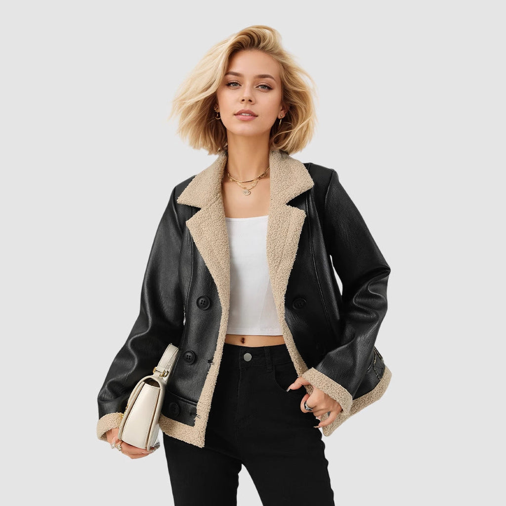 Fleece Padded Women's Leather Coat