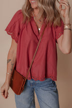Red Dahlia Floral Embroidered Scallop Trim Short Sleeve V Neck Blouse