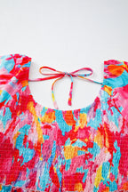 Rose Abstract Printed Puff Sleeve Square Neck Smocked Bust Tied Back Plus Size Dress