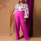 Printed Floral Lace-Up Top & Wide-Leg Pants Set – 4 Colors, S–3XL
