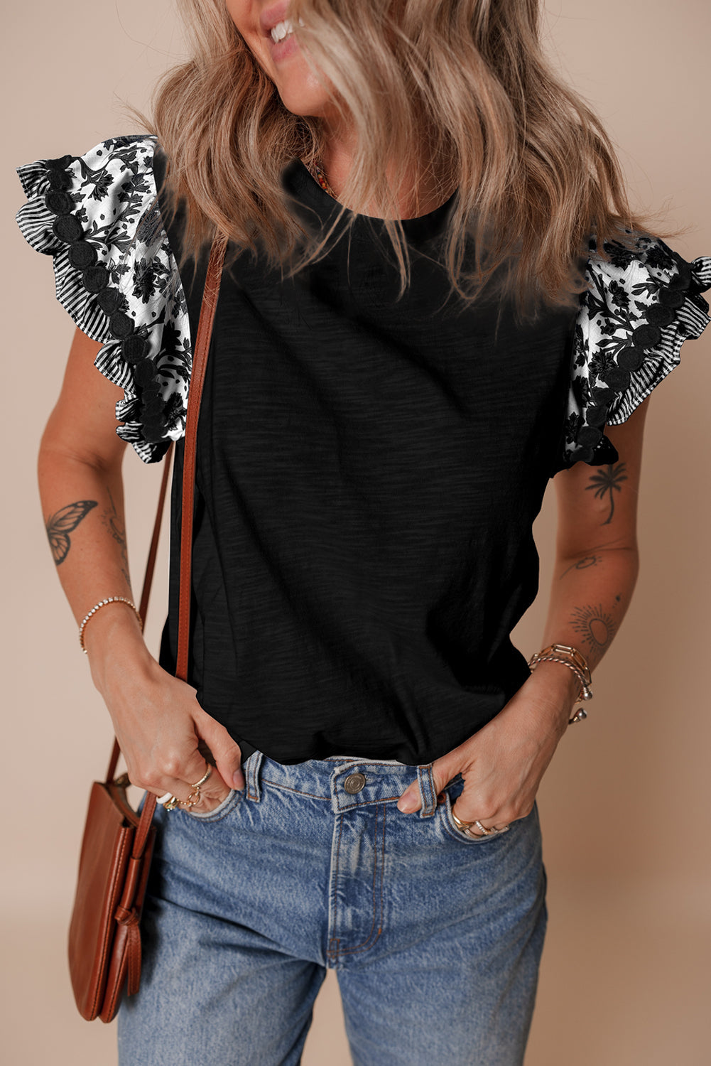 Rose Floral Striped Patchwork Flutter Sleeve Blouse