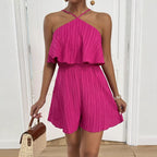 Stylish Crinkled Fabric Halterneck Ruffled Jumpsuit