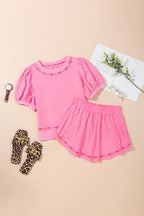 Pink Sweet Bow Trim Pearl Embellished Blouse and Skort Set