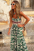 Green Boho Shirred A line Sleeveless Maxi Dress