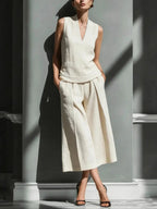 Women's Sleeveless Linen Shirt & Cropped Pants Set – Casual 2-Piece Outfit