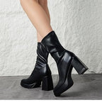Putu Womens Size 7.5 Black Faux Leather 3.75" Platform Block Heel Pull On Boots