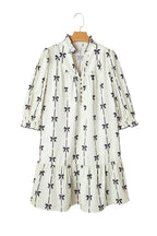 Apricot Striped Bow Print Puff Sleeve Ruffle Plus Size Mini Dress
