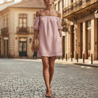 Women's Cotton-Linen Off-Shoulder Puff-Sleeve Loose Mini Dress