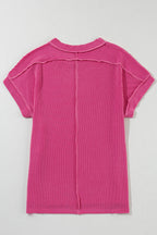 White Crinkle Rib Textured Knit Round Neck T Shirt