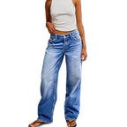 Womens Washed Blue Wide-Leg Denim Jeans American-Style High Waist