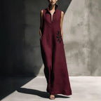Women's Cotton Linen Mandarin Collar Maxi Dress – Graphic Print with Pockets